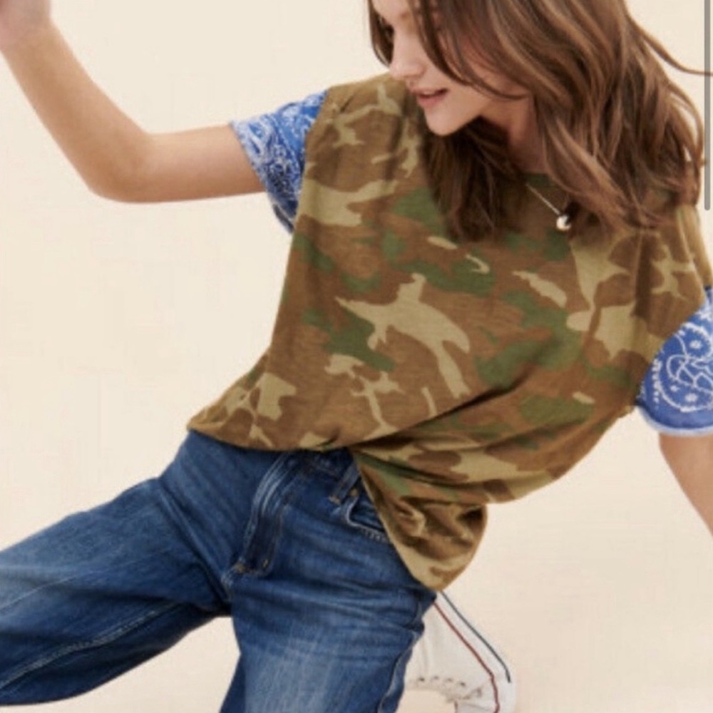 Free People We the Free Clarity Army Camo Bandana Blue T-Shirt XS